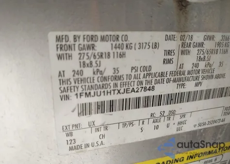 2018 Ford Expedition Xlt z USA, uszkodzony, nr VIN 1FMJU1HTXJEA27848